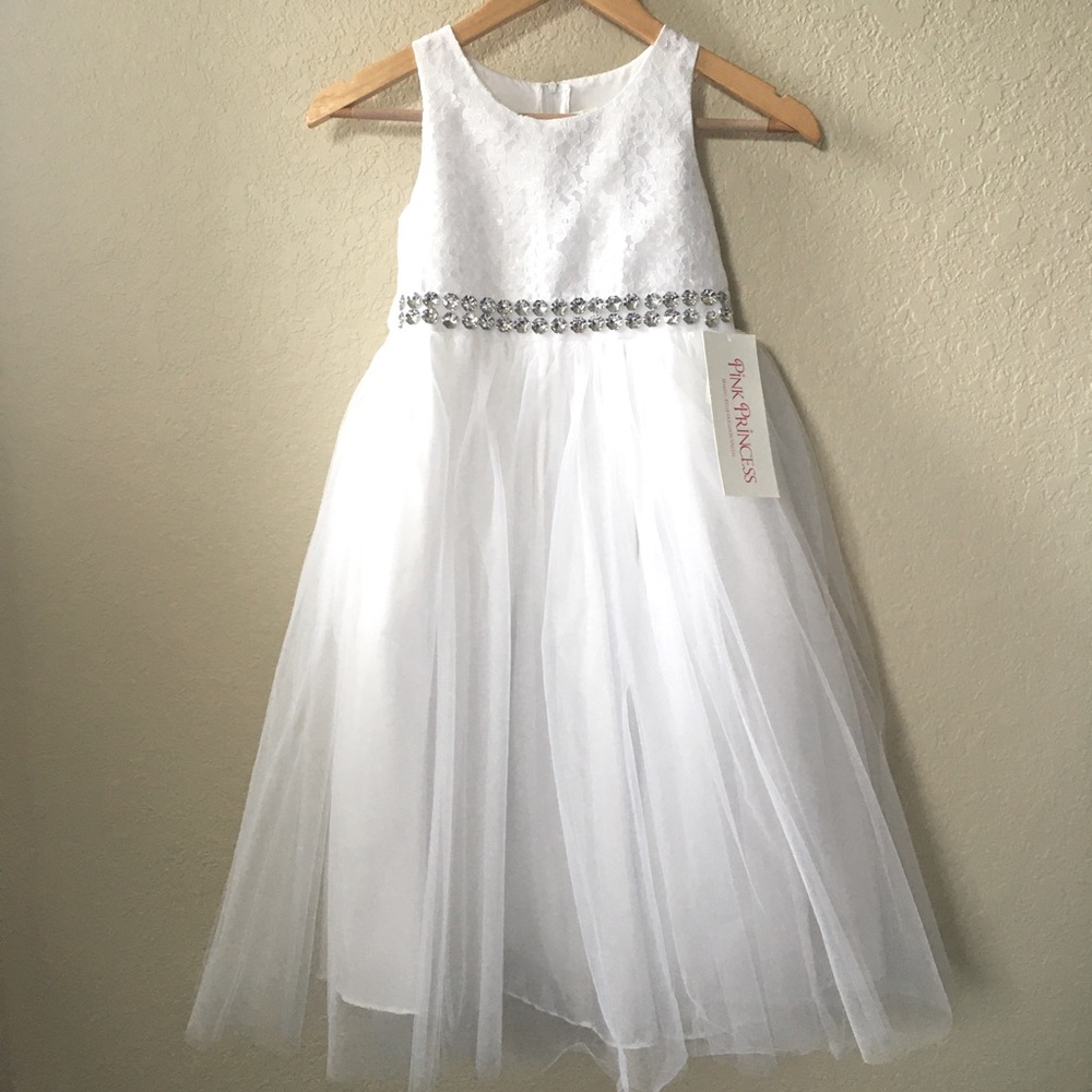Pink Princess White Communion/Flower Girl Dress size 8